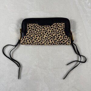Aimee Kestenberg Leopard Print Calf Hair Wristlet Wallet Clutch Zip Around Black